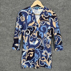J.McLaughin Womens Size Small Paisley Catalina Top Blue Nylon Blend‎ 3/4 Sleeves